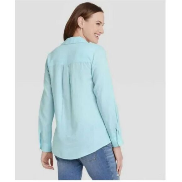 267The Nines by HATCH Light Blue Maternity Top – Long Sleeve Collared Blouse - Picture 3 of 5